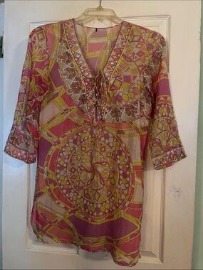 Emilio Pucci cotton kaftan in Pink and Yellow Printed V-Neck Tunic